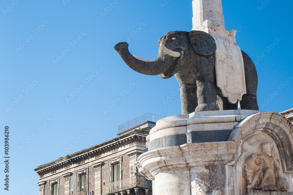 The famous lava stone statue of an elephant and its obelisk in Catania
