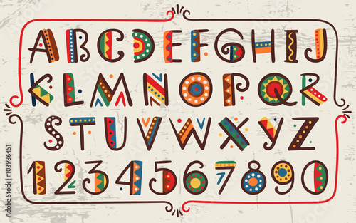 Tribal ethnic bright vector alphabet and number 