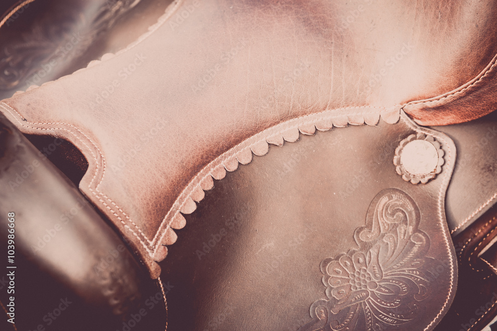 Handmade leather saddle - obrazy, fototapety, plakaty 