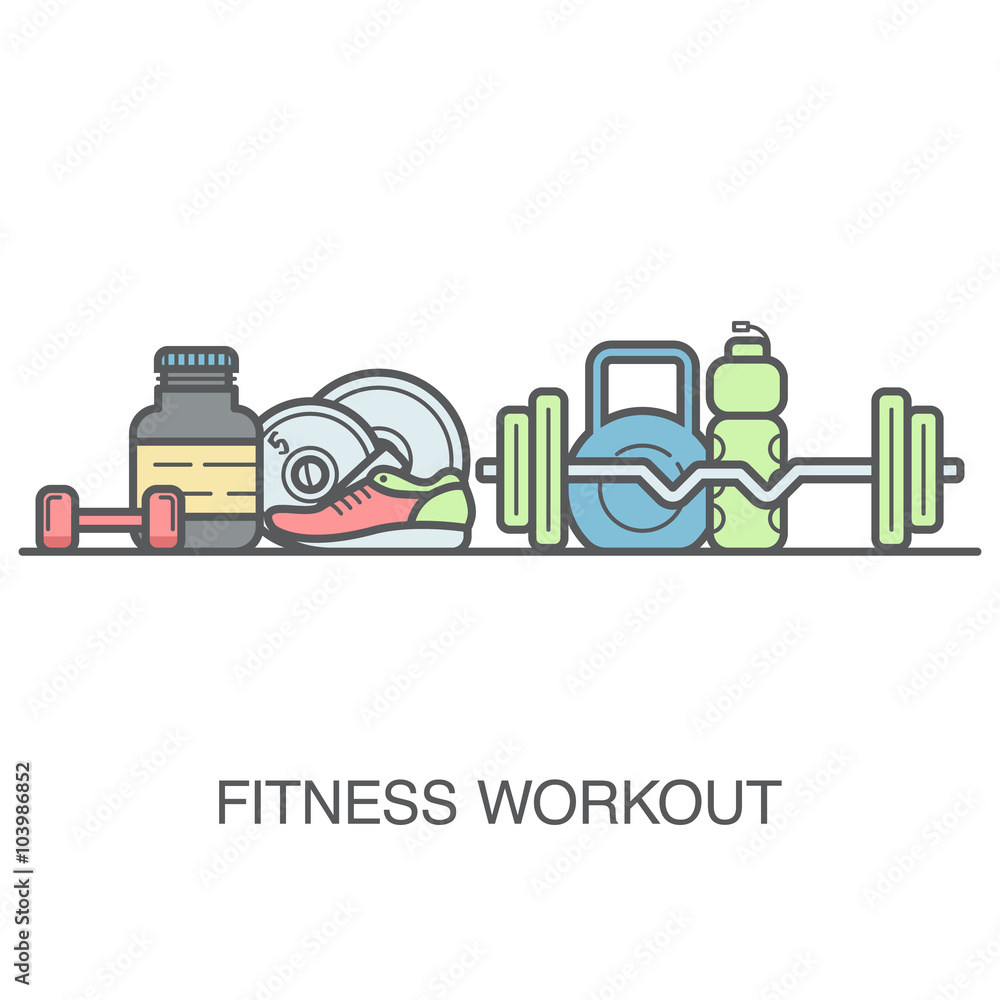 Fitness vector background with fitness equipment icons. Flat concept of gym  banner or fitness advertisement. Stock Vector | Adobe Stock