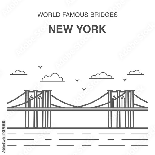 Brooklyn bridge illustration made in line art style. New York city landmark. World famous bridges set.