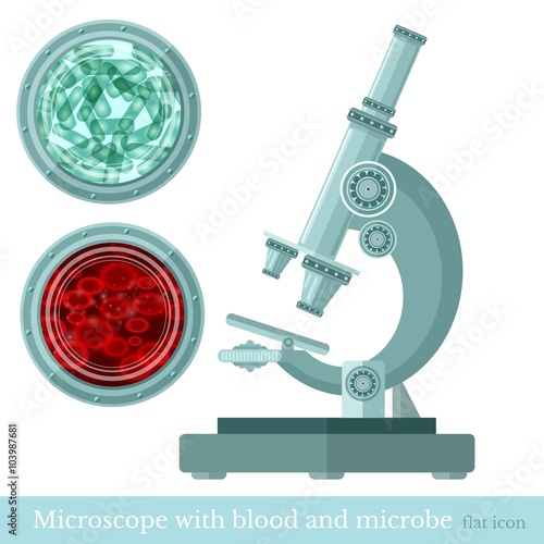 flat microscope with sample blood and germs on white