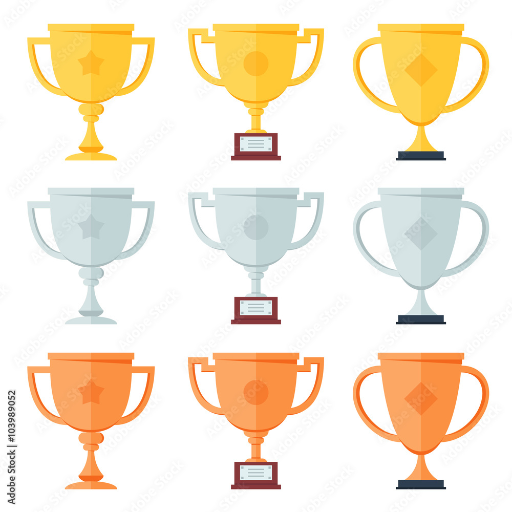 Gold, silver, bronze trophy in flat icons set. Gold, silver, bronze trophy in flat icons set.