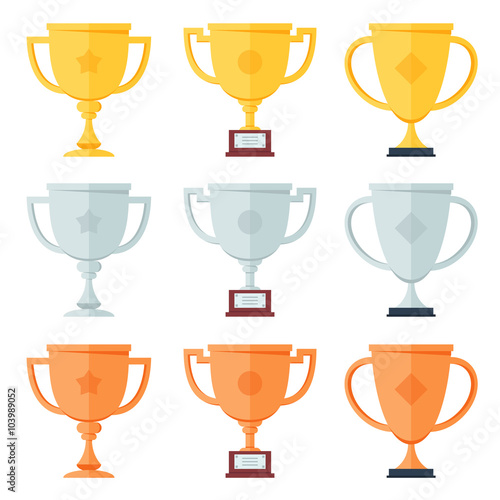 Gold, silver, bronze trophy in flat icons set.