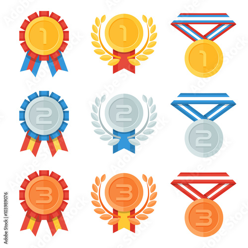 Gold, silver, bronze medal in flat icons set.