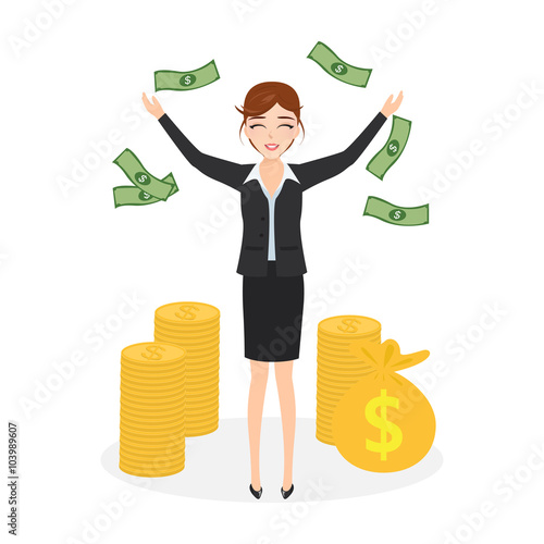 business woman happy with money. successful in job.