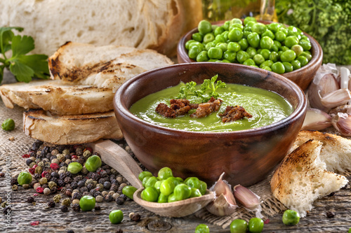 Potage soup made from fresh domestic peas with spices