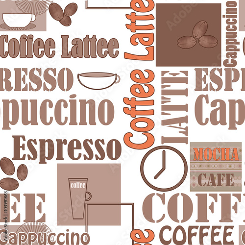 Lettering coffee and icons seamless pattern illustration backgro