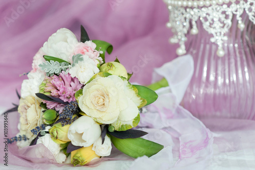 close-up of wedding bouquet whith crown