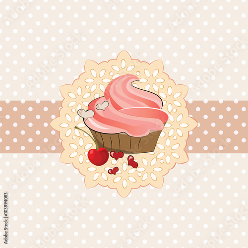 Sweet cupcake invitation background with ribbon, lace and dotted ornament. Vi...