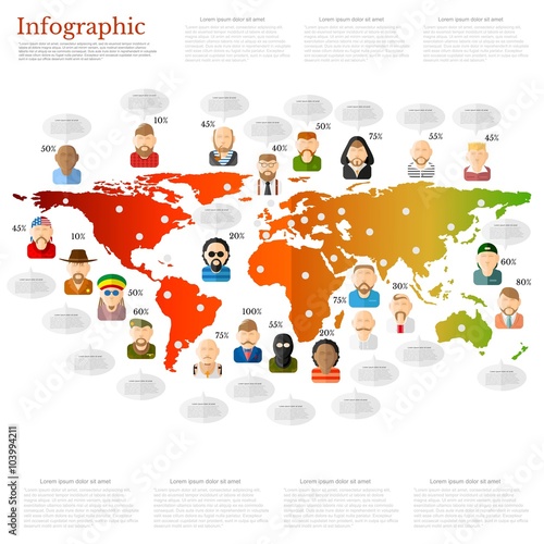 different people icon with speech bubble near them on the world map.information flat background