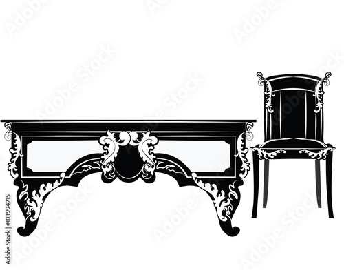 Classic royal chair and table with ornaments . Vector
