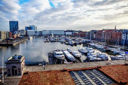ANTWERP, BELGIUM - JAN 4: Aerial view of Antwerp port area with marina harbor form roof terrace museum MAS on January 4, 2015 in the harbor of Antwerp, Belgium