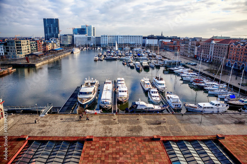 ANTWERP, BELGIUM - JAN 4: Aerial view of Antwerp port area with marina harbor form roof terrace museum MAS on January 4, 2015 in the harbor of Antwerp, Belgium