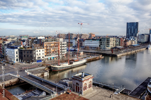 ANTWERP, BELGIUM - JAN 4: Aerial view of Antwerp port area with marina harbor form roof terrace museum MAS on January 4, 2015 in the harbor of Antwerp, Belgium