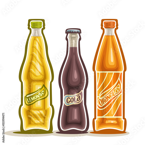 Vector illustration on the theme of the logo for carbonated drinks, consisting of three closed glass bottles with soda beverages on a white background