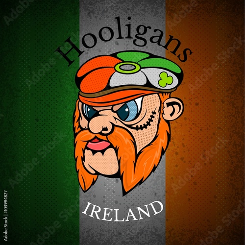 red whiskers head of Irishman in cap on Irish flag grunge background. print street hooligans style