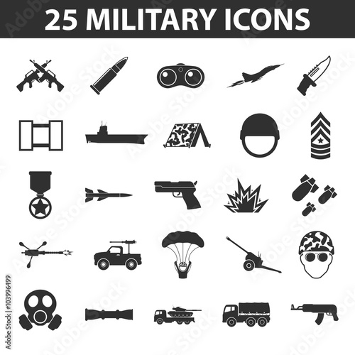 Military set 25 black simple icons. Army and weapon icon design for web and mobile.