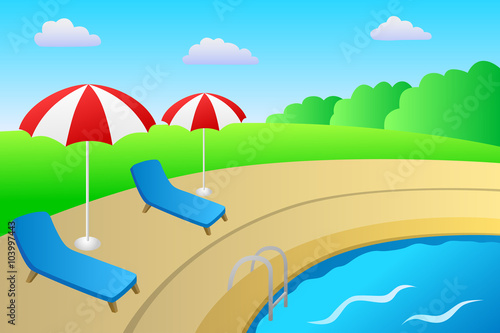 Swimming pool vacation deck chair umbrella landscape summer day illustration vector