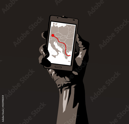 Migrant crisis and hope - migrant / refugee holds his smartphone, phone shows map and route to Germany