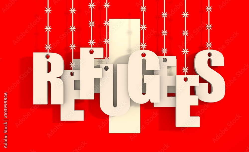 Image relative to migration from africa to european union. Refugees text hanging by barbed wire. Switzerland flag background Image relative to migration from africa to european union. Refugees text hanging by barbed wire. Switzerland flag background
