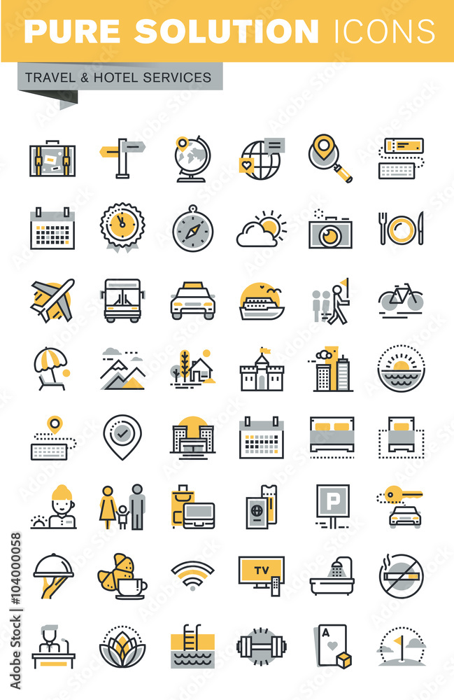 Set of modern vector thin line travel icons. Modern vector logo pictogram and infographic design elements collection. Outline icon collection for website and app design. - obrazy, fototapety, plakaty 