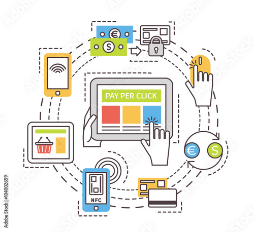 Pay per click internet advertising concept. Flat line vector illustration