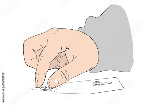 Man's hand inserts the bolt into the groove.