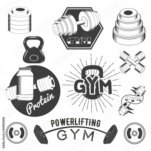 Set of gym labels in retro style. Sport fitness emblems, badges and logos for design. Vector illustration