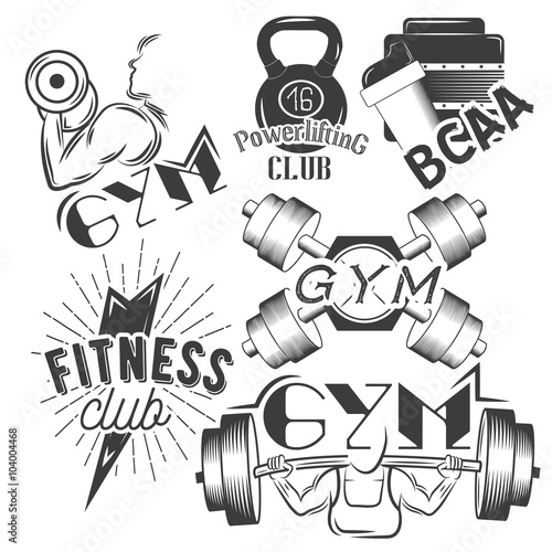 Set of gym labels in retro style. Sport and fitness emblems. Vector illustration.