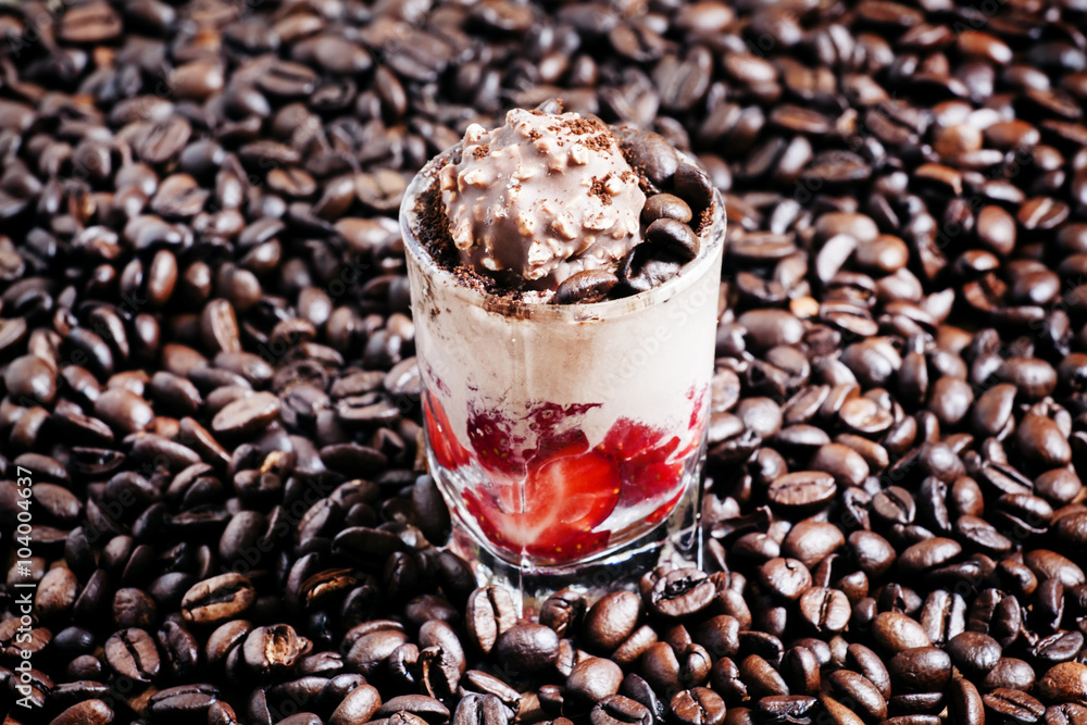 Coffee dessert with vanilla ice cream, fresh strawberries, choco Coffee dessert with vanilla ice cream, fresh strawberries, choco