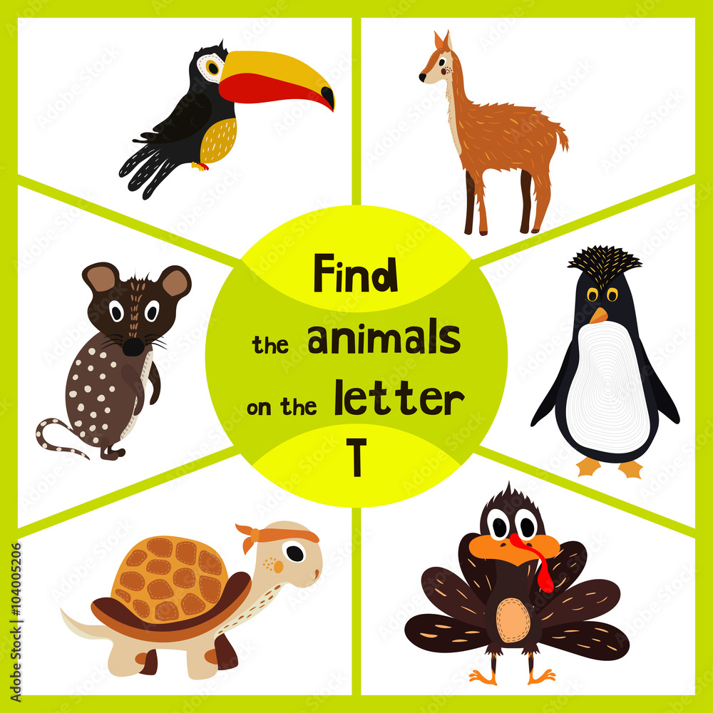 Fototapeta premium Funny learning maze game, find all 3 cute wild animals with the letter T, tropical Toucan from South America, sea turtle and poultry the Turkey. Educational page for children. Vector