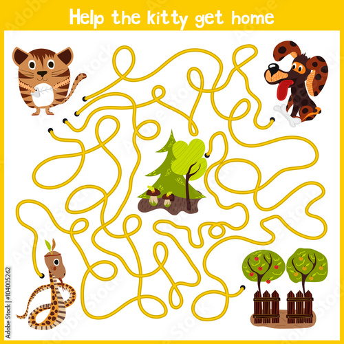 Cartoon of Education will continue the logical way home of colourful animals.Help me get the little kitty home by predatory animals. Matching Game for Preschool Children. Vector