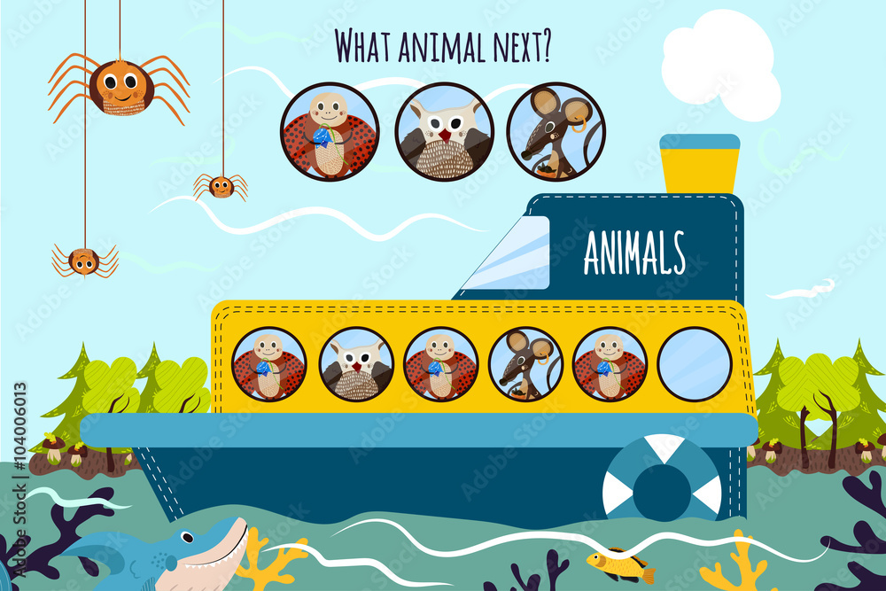 Cartoon Vector Illustration of Education will continue the logical series of colourful animals on a boat in the ocean among the wild Islands. Matching Game for Preschool Children. Vector Cartoon Vector Illustration of Education will continue the logical series of colourful animals on a boat in the ocean among the wild Islands. Matching Game for Preschool Children. Vector