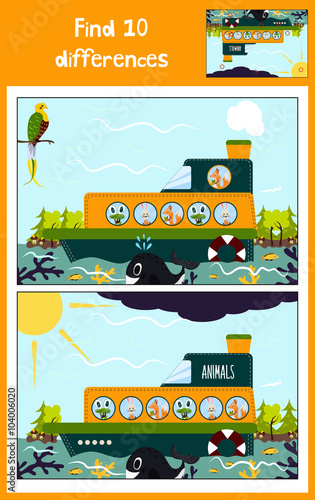 Cartoon of Education to find 10 differences in children's pictures, the boat floats with forest animals among marine fishes and inhabitants of the ocean . Matching Game for Preschool Children. Vector