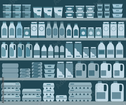 Supermarket shelves with dairy products. Vector background.