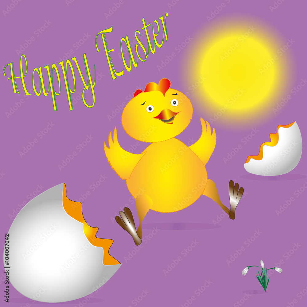 The yellow fluffy chicken
Drawing fluffy yellow chick just hatched from the eggs in the picture snowdrops under the sun and the words Happy Easter
