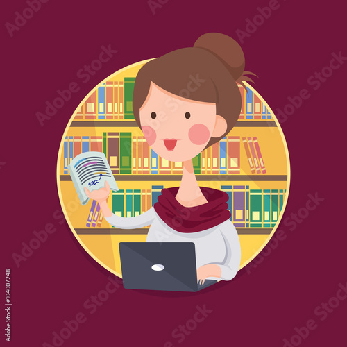 Vector Illustration of a College Girl Student Studying in Library, Cartoon Character
 photo
