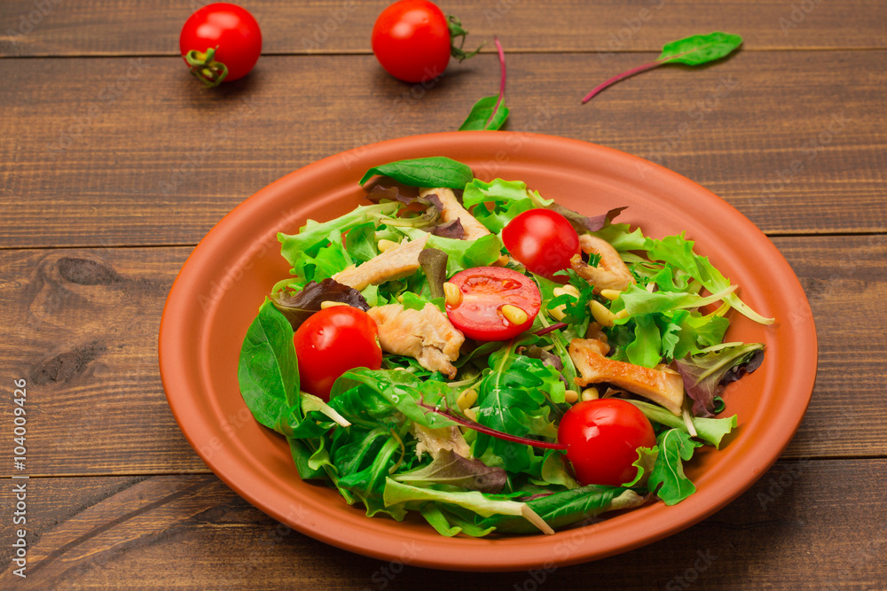Fresh salad with chicken breast, arugula and tomato. Fresh salad with chicken breast, arugula and tomato.