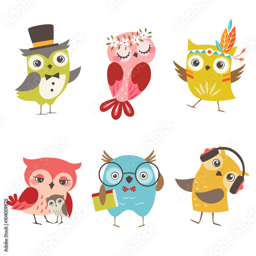 Set of cute owls isolated on white background