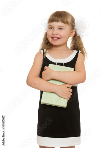  Joyful girl stands holding hands tutorial.Close-up- Isolated on white background