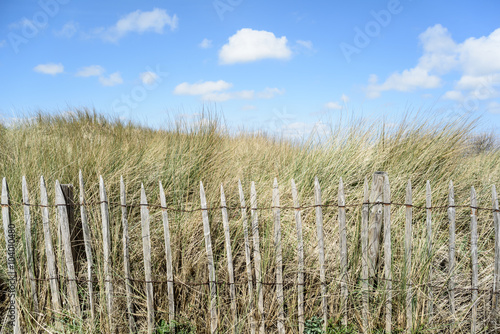 Dünen, blauer Himmel und ein Zaun an der Nordsee in Blankenberge, Belgien.