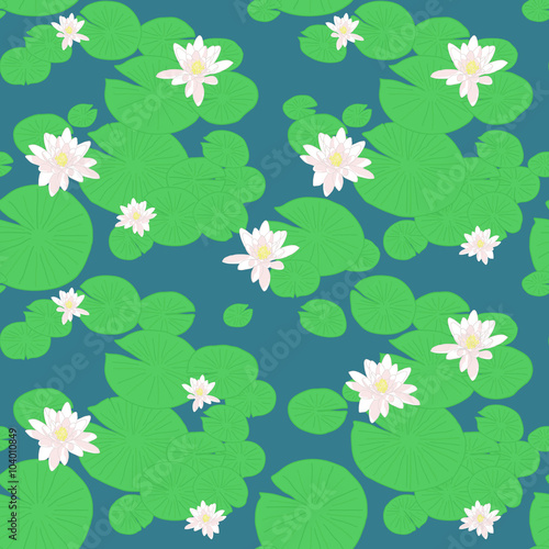 Fototapeta Naklejka Na Ścianę i Meble -  Pink lotuses in the pond. Seamless lily pattern.