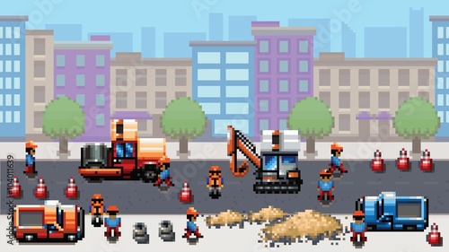 road works - pixel art scene video game style vector layer © pixel_dreams