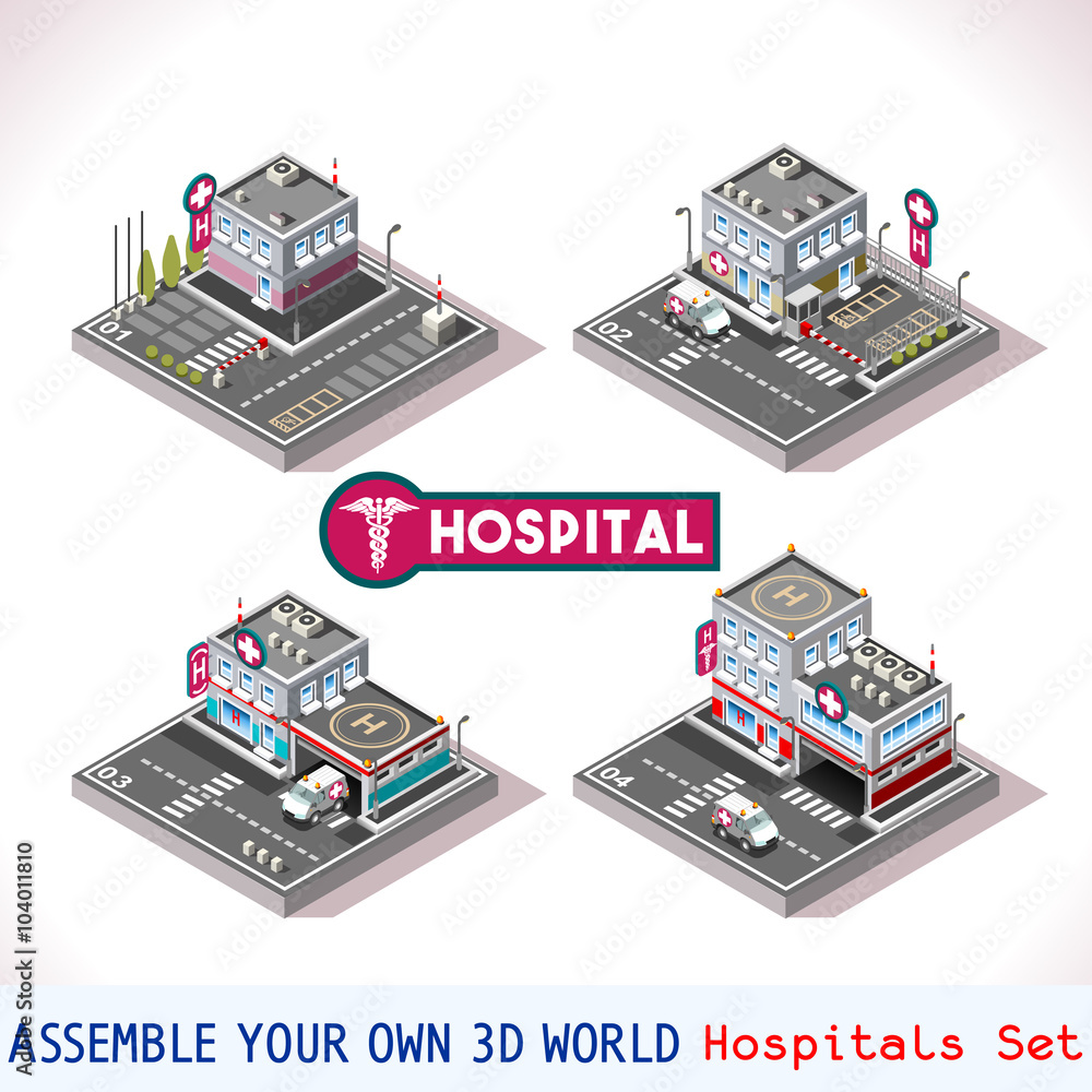 Obraz premium City Hospital Buildings and Landmarks. Game Tile Collection Clinic Medical Isometric Vector Icon. 3d Urban Map medicine Elements Icon Set. Industry. Parking Rescue Security Patient Ambulance Transport