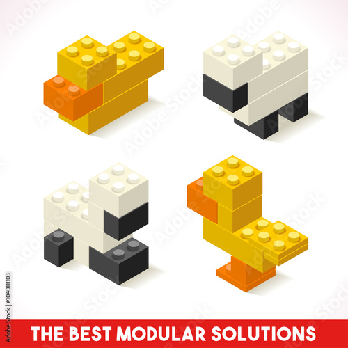 The Best Modular Solutions Isometric Basic Farm Animals Collection Sheep Duck Plastic blocks Toy Blocks and Tiles Set. HD Quality and Bright Vector Illustration or Web apps Web Module Brick