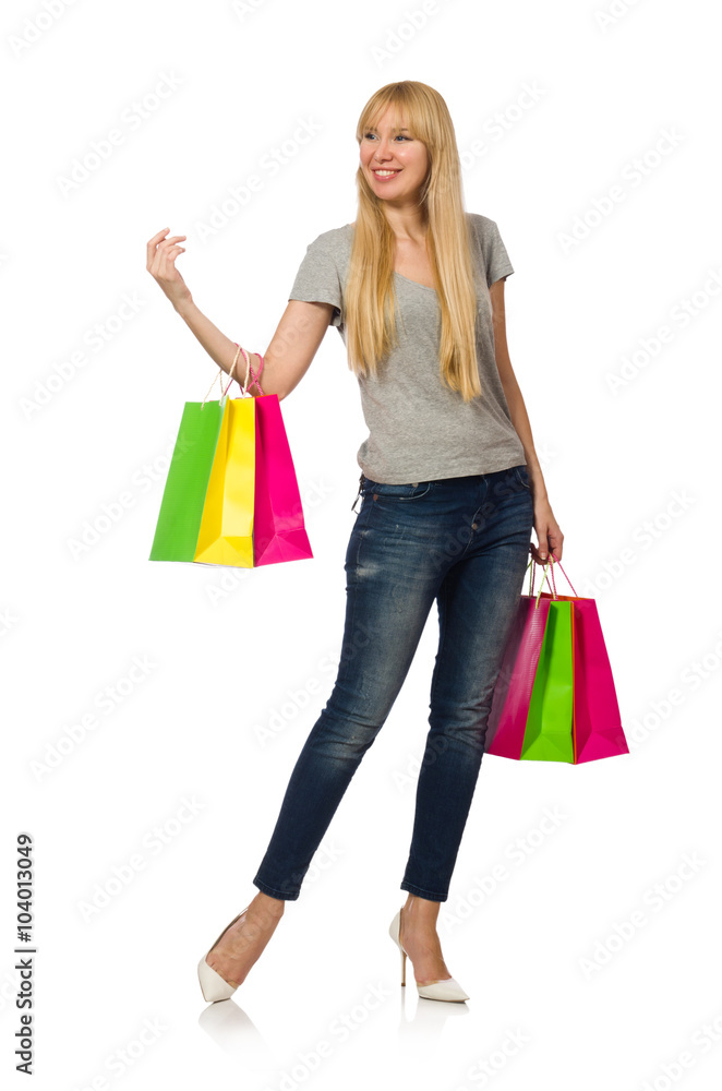 Woman with shopping bags isolated on white