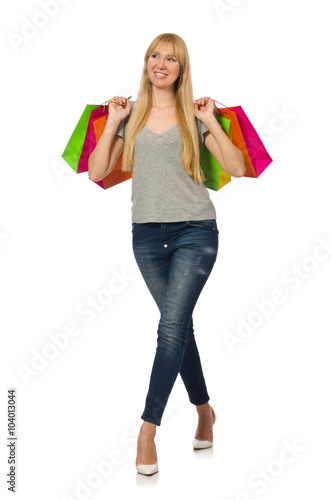 Woman with shopping bags isolated on white