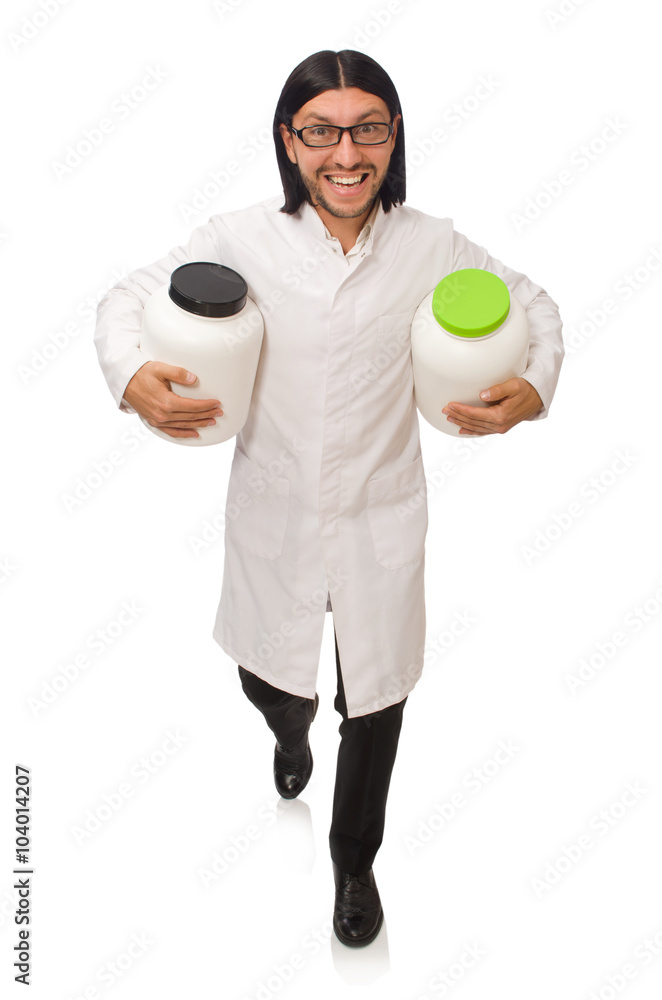 Funny doctor with protein jars isolated on white Funny doctor with protein jars isolated on white