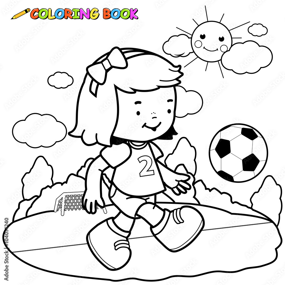 Little girl playing soccer. Vector black and white coloring page. Stock ...